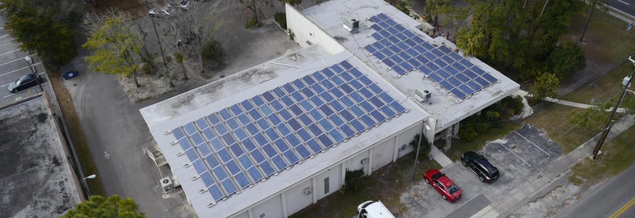 Commercial solar panels on a building